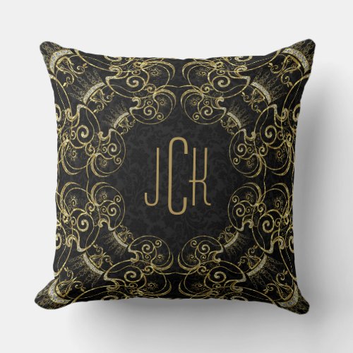 Black  Gold Floral Frame Wedding Monogram 3a Throw Pillow