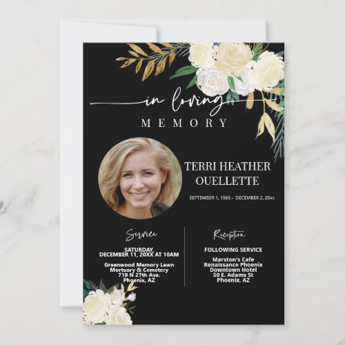 Black Gold Floral Funeral Memorial Service Photo Invitation