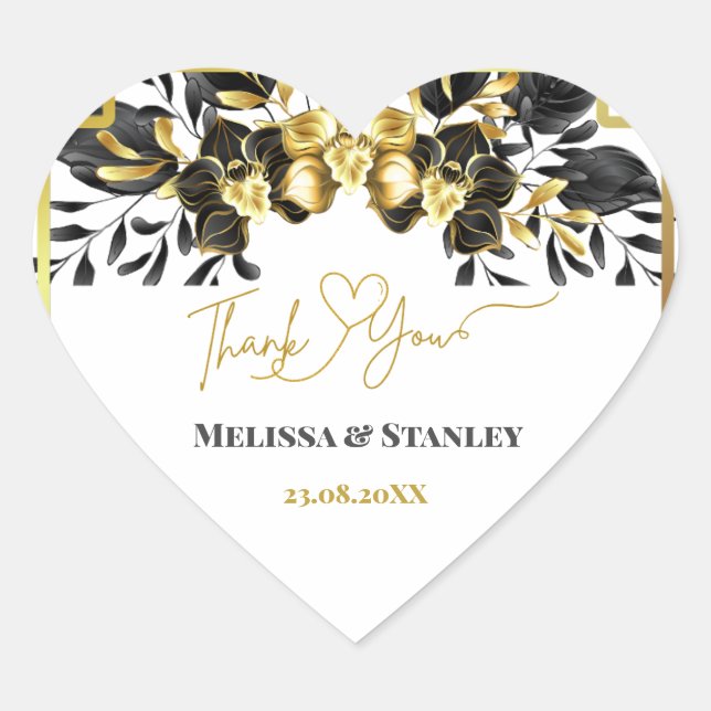 Black Gold Floral Geometric Monogram Back Wedding Heart Sticker (Front)