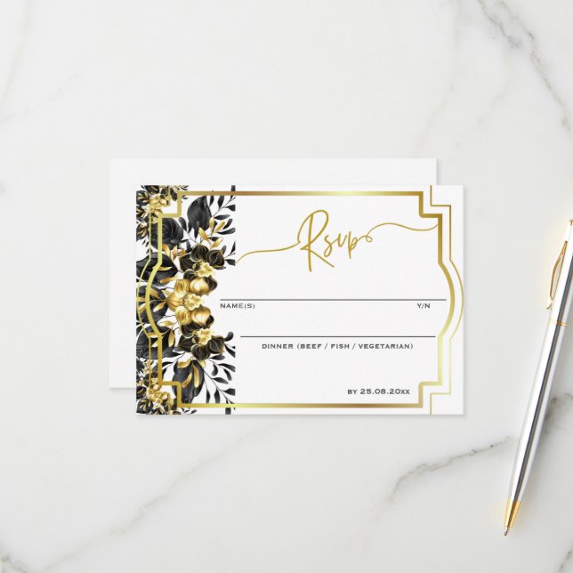 Black Gold Floral Geometric Monogram Back Wedding RSVP Card (Front/Back In Situ)