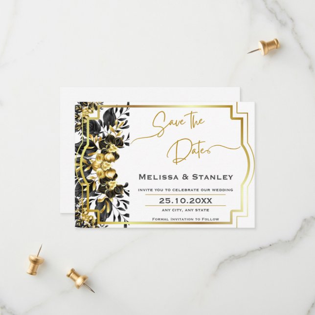 Black Gold Floral Geometric Monogram Back Wedding Save The Date (Front/Back In Situ)