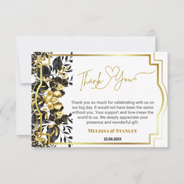 Black Gold Floral Geometric Monogram Back Wedding Thank You Card (Front)
