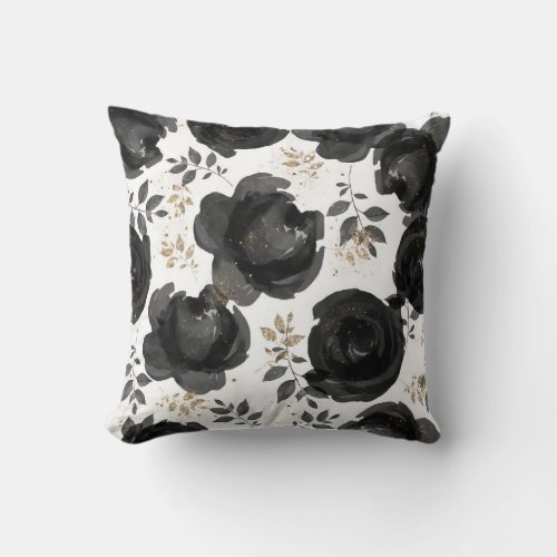 Black Gold Floral Glam Leaves Shabby Chic Throw Pillow