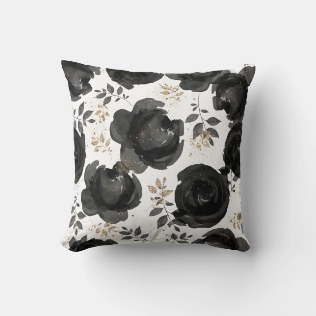 Black Gold Floral Glam Leaves Shabby Chic Throw Pillow (Front)
