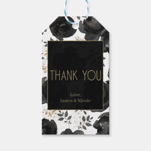 Black Gold Floral Glam Leaves Wedding Gift Tags