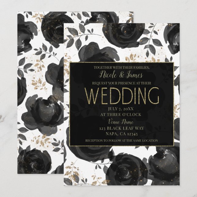 Black Gold Floral Glam Leaves Wedding Invitation (Front/Back)