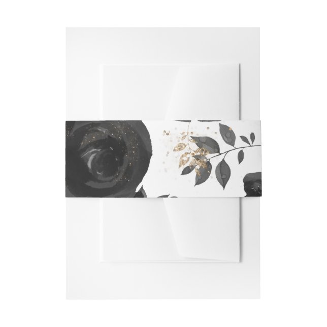 Black Gold Floral Glam Leaves Wedding Invitation Belly Band (Front Example)