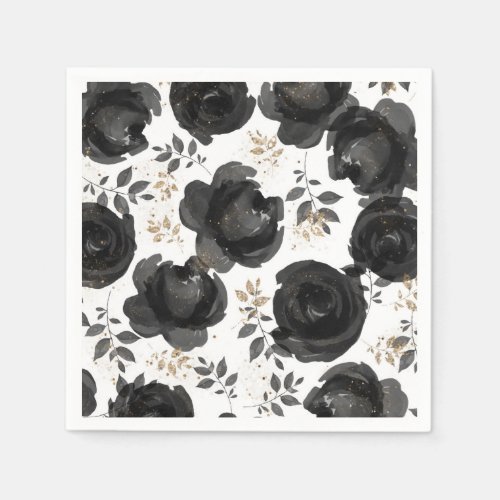 Black Gold Floral Glam Leaves Wedding Napkins