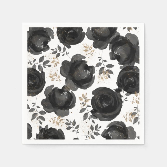 Black Gold Floral Glam Leaves Wedding Napkins (Front)