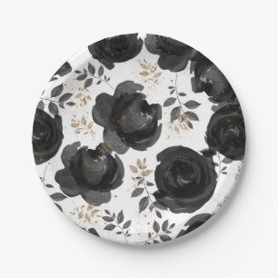 Black Gold Floral Glam Leaves Wedding Paper Plates
