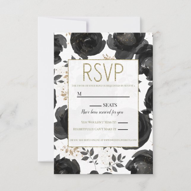 Black Gold Floral Glam Leaves Wedding RSVP Card (Front)