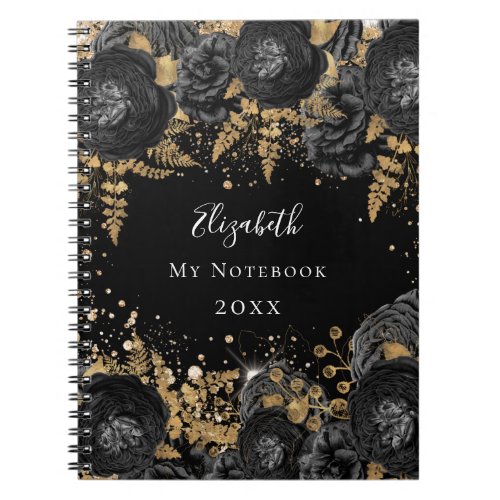 Black gold floral glitter name glamorous  notebook