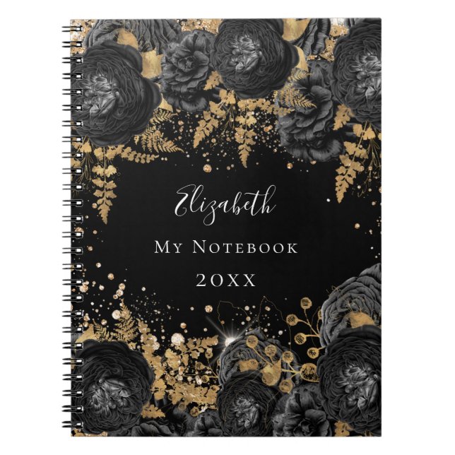 Black gold floral glitter name glamorous  notebook (Front)