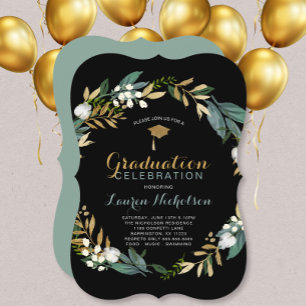 Black Gold Floral Graduation Invitation