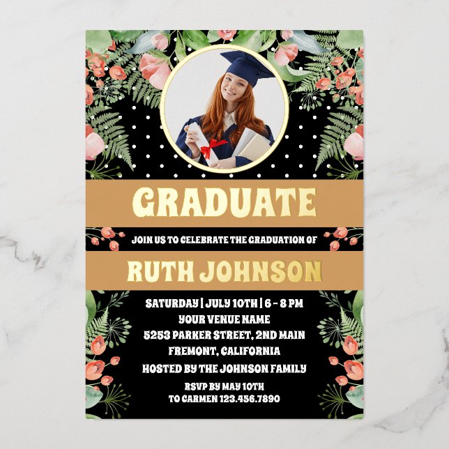 Black Gold Floral Graduation Party Photo Foil Invitation (Front)