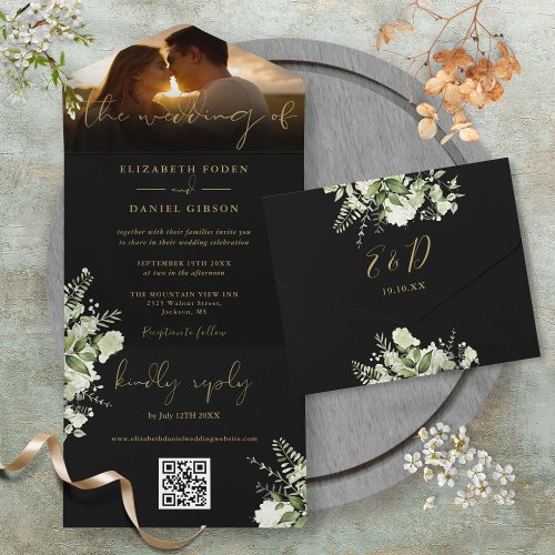Black Gold Floral Greenery QR Code Wedding Photo All In One Invitation