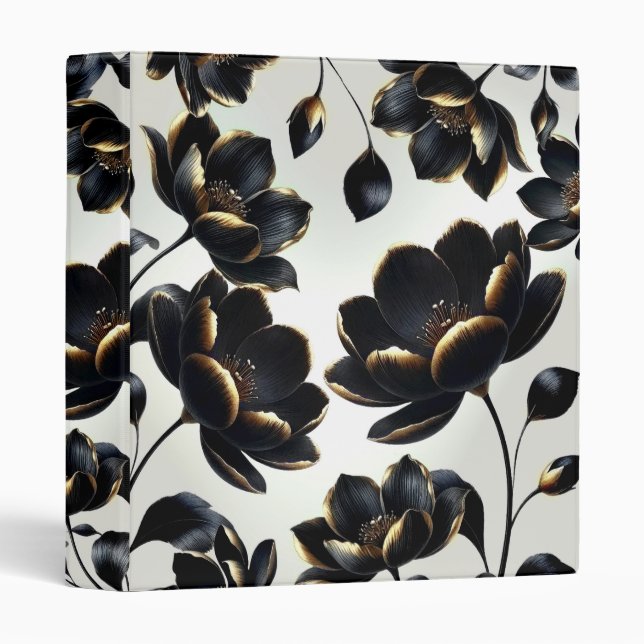 Black & Gold Floral Greige Elegant Dark Moody 3 Ring Binder (Front/Spine)
