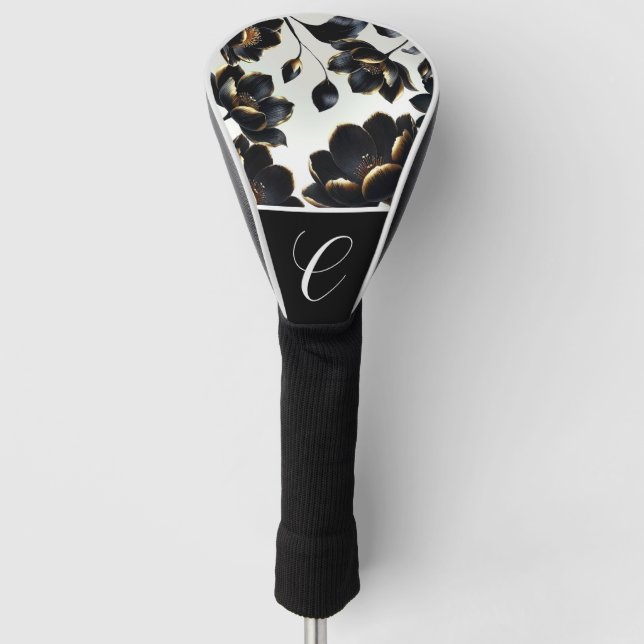 Black & Gold Floral Greige Elegant Dark Moody Golf Head Cover (Front)
