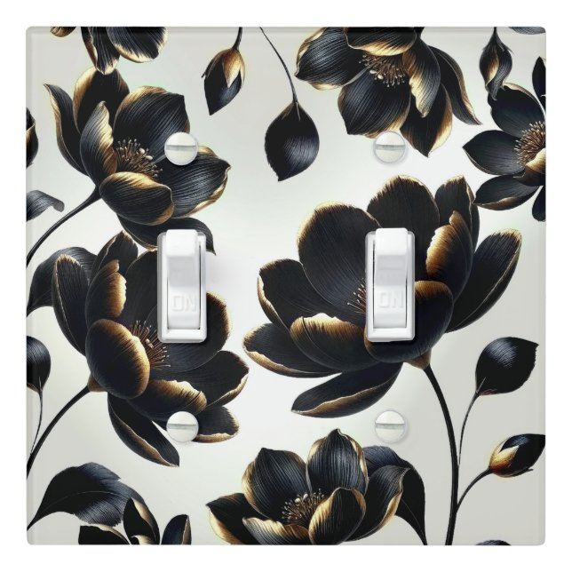 Black & Gold Floral Greige Elegant Dark Moody Light Switch Cover (In Situ)