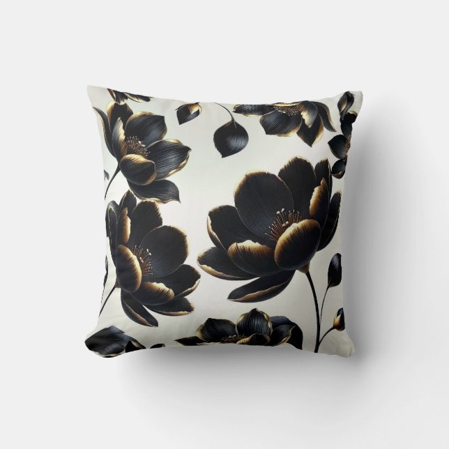 Black & Gold Floral Greige Elegant Dark Moody Throw Pillow (Front)