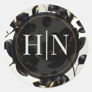 Black & Gold Floral Greige Elegant Wedding Classic Round Sticker