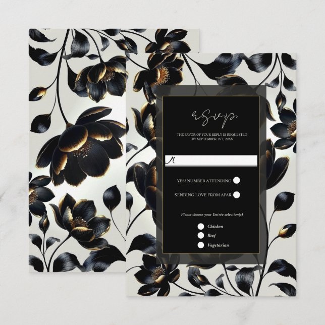 Black & Gold Floral Greige Elegant Wedding RSVP Card (Front/Back)