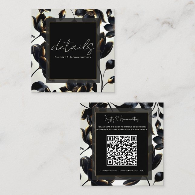 Black & Gold Floral Greige Wedding Details Square Business Card (Front/Back)
