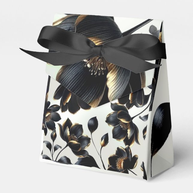Black & Gold Floral Greige Wedding Favor Boxes (Front Side)