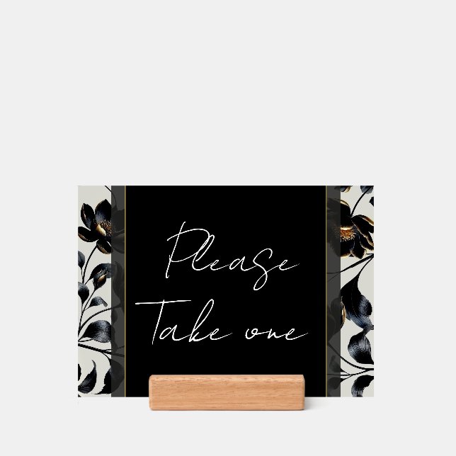Black & Gold Floral Greige Wedding Favor Sign Holder (Woodblock)
