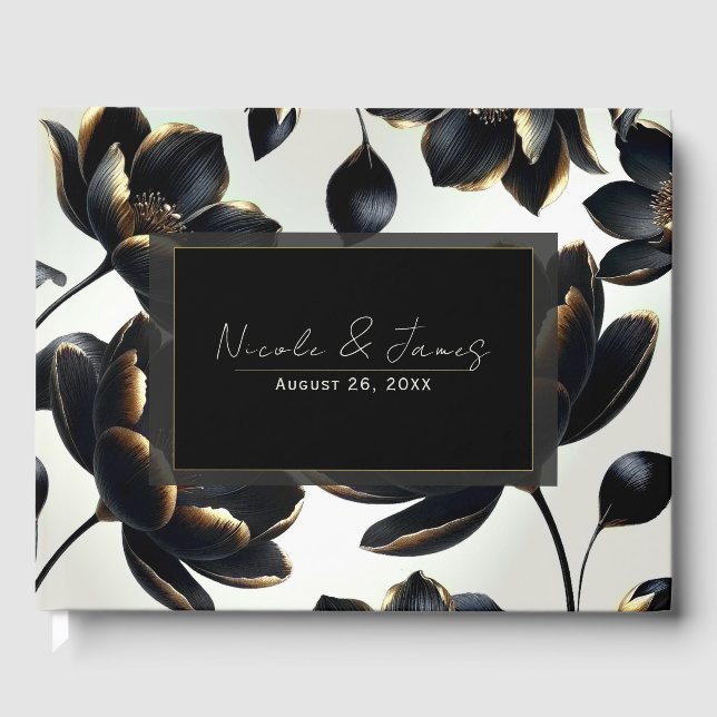 Black & Gold Floral Greige Wedding Guest Book (Front)