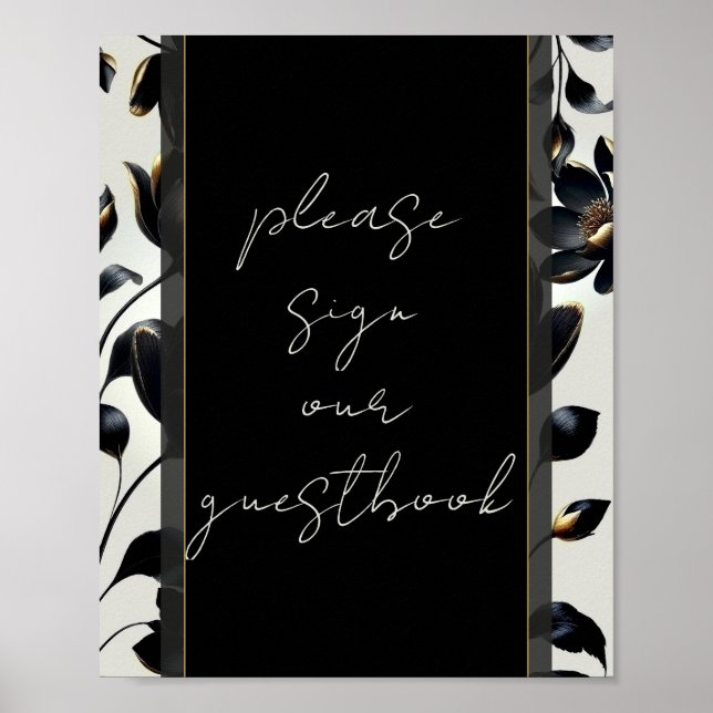 Black & Gold Floral Greige Wedding Guestbook Sign (Front)