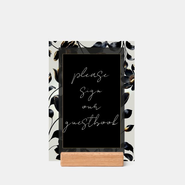 Black & Gold Floral Greige Wedding Guestbook Sign Holder (Woodblock)