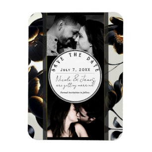Black & Gold Floral Greige Wedding Save the Date Magnet