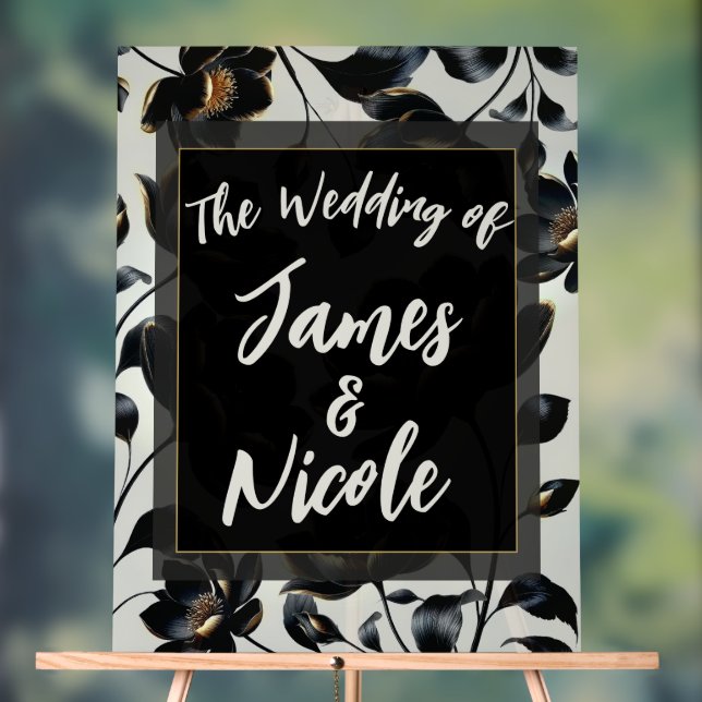 Black & Gold Floral Greige Wedding Welcome Acrylic Sign (Neutral)