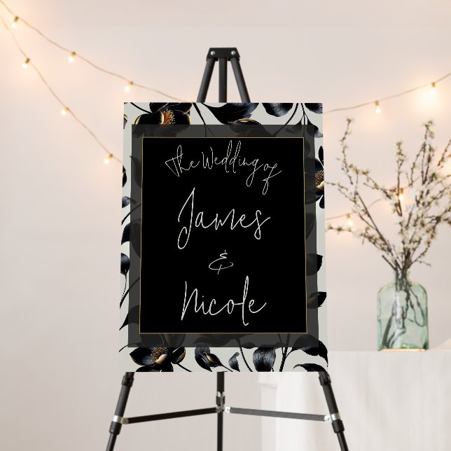 Black & Gold Floral Greige Wedding Welcome Foam Board (In Situ (Stand))