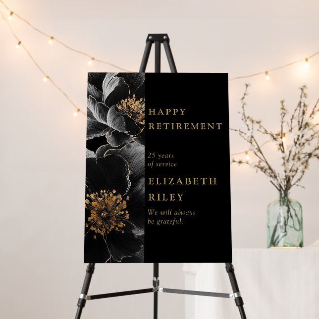 Black Gold Floral Happy Retirement Welcome Sign (In Situ (Stand))