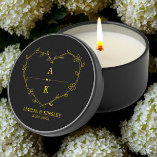 Black Gold Floral Heart Modern Monogram Wedding Mini Candle Favors