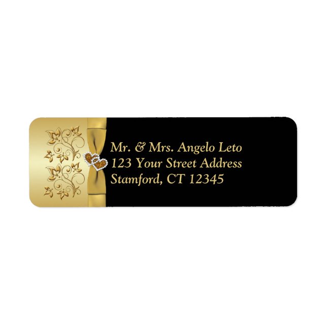 Black, Gold Floral, Hearts Return Address Label (Front)