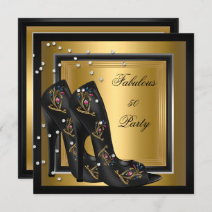 Black Gold Floral High Heels Womans Birthday Party Invitation
