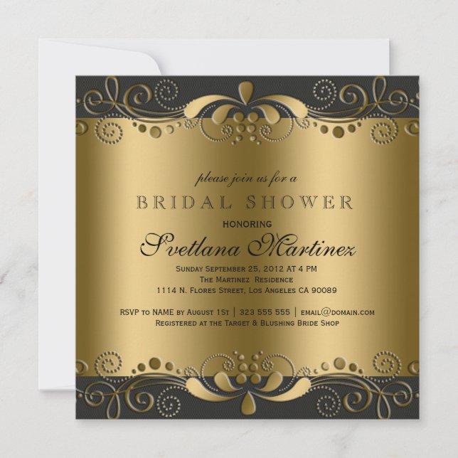 Black & Gold Floral Lace Bridal Shower Invite (Front)