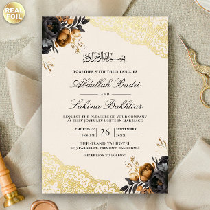 Black Gold Floral Lace Cream Muslim Wedding Foil Invitation