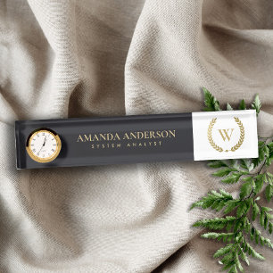 BLACK GOLD FLORAL LAUREL WREATH INITIAL MONOGRAM DESK NAME PLATE
