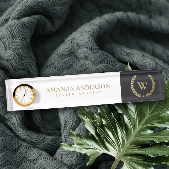 BLACK GOLD FLORAL LAUREL WREATH INITIAL MONOGRAM DESK NAME PLATE (Creator Uploaded)
