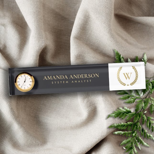 BLACK GOLD FLORAL LAUREL WREATH INITIAL MONOGRAM DESK NAME PLATE (Creator Uploaded)