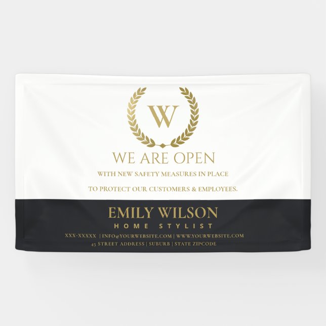 BLACK GOLD FLORAL LAUREL WREATH INITIAL RE OPENING BANNER (Horizontal)