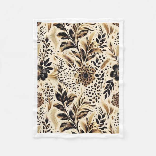 Black Gold Floral Leopard Pattern Fleece Blanket (Front)