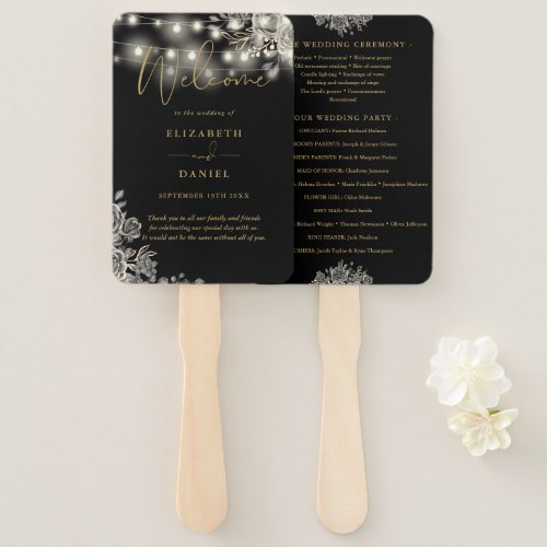 Black Gold Floral Lights Gothic Wedding Program Hand Fan