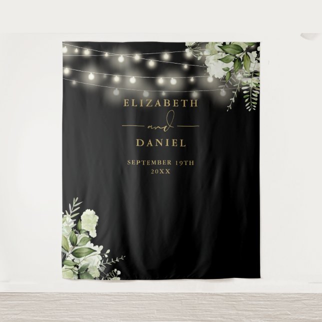 Black Gold Floral Lights Wedding Photo Backdrop (Front)