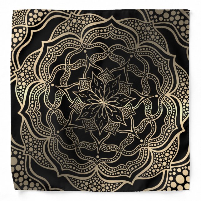 Black & Gold Floral Mandala Beautiful Stylish Chic Bandana (Front)