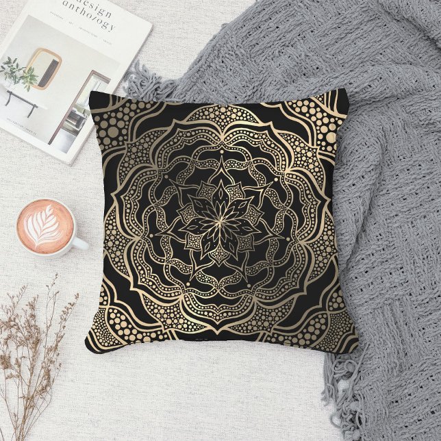 Black & Gold Floral Mandala Beautiful Stylish Chic Throw Pillow (Creator Uploaded)